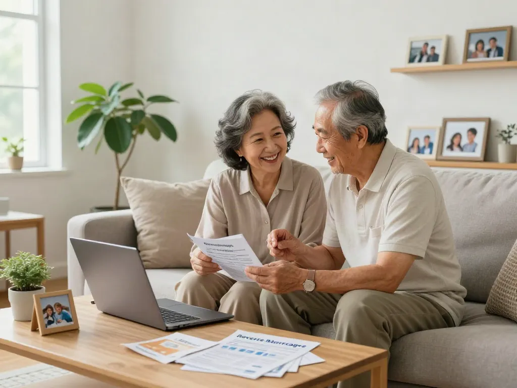 Older couple discussing reverse mortgages in a cozy living room.