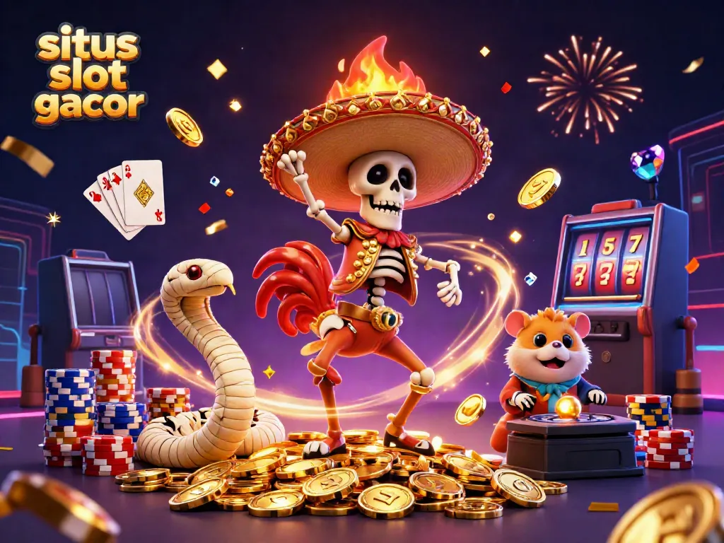 Pemain beraksi di situs slot gacor dengan skeleton mariachi, mumi ular, dan hamster DJ di tengah koin emas.