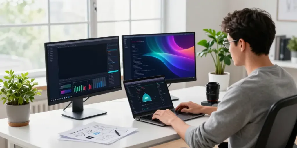Developer coding on dual monitors in a bright cryptocurrency workspace with a digital wallet interface capturing the essence of https://internet-money.co.