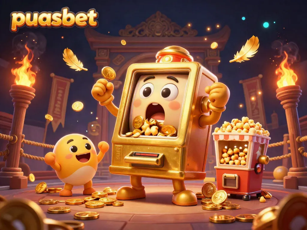 Puasbet menawarkan pengalaman bermain slot yang seru dengan mesin slot emas yang menang jackpot dan koin berjatuhan.