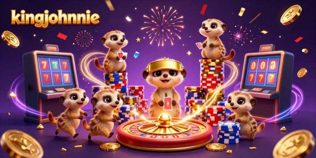 Kingjohnnie casino meerkats celebrate winning with cards and chips amidst gold coins and gems.