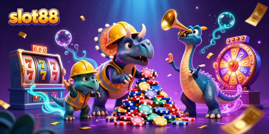 Win big with slot88 while dinosaur characters cheer around colorful casino elements.