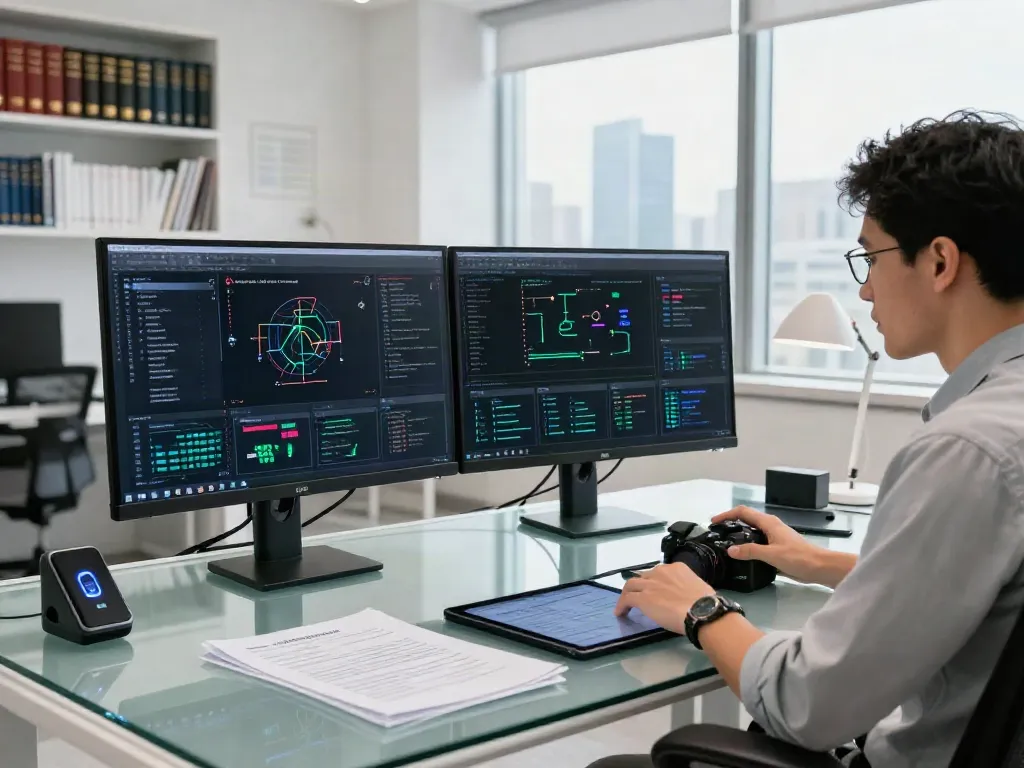 Blockchain forensics analyst reviewing data visualizations in a modern workspace.