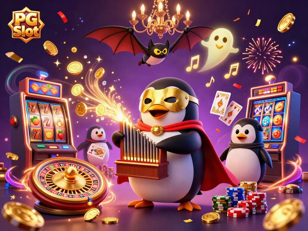 Slot PG yang menarik dengan aset kasino, koin emas jatuh, dan karakter lucu sedang bermain.