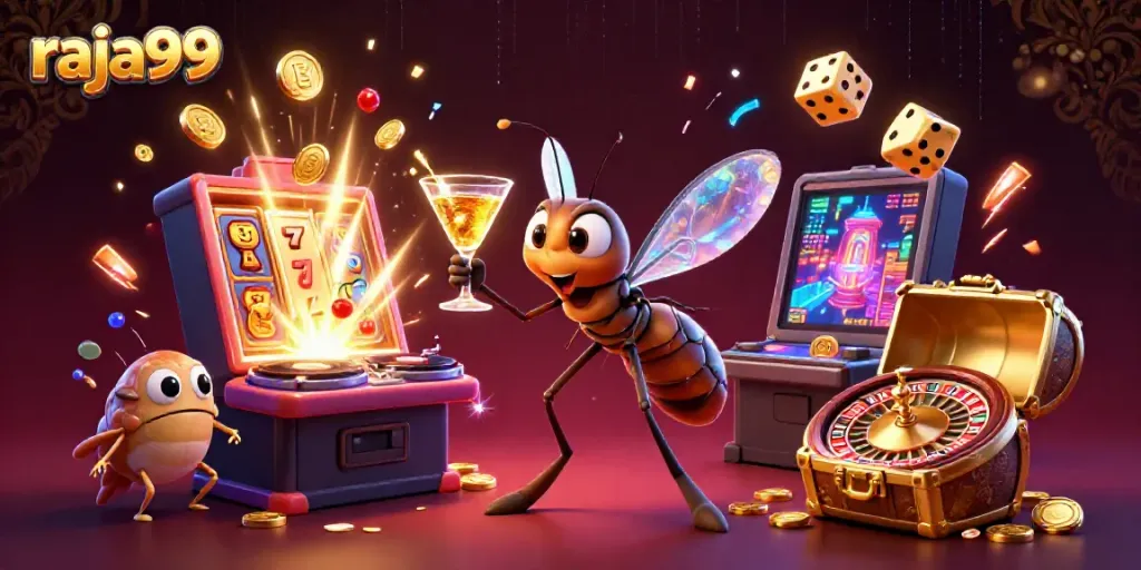 Join the fun at raja99 with a lively casino scene featuring vibrant characters and exciting game elements.